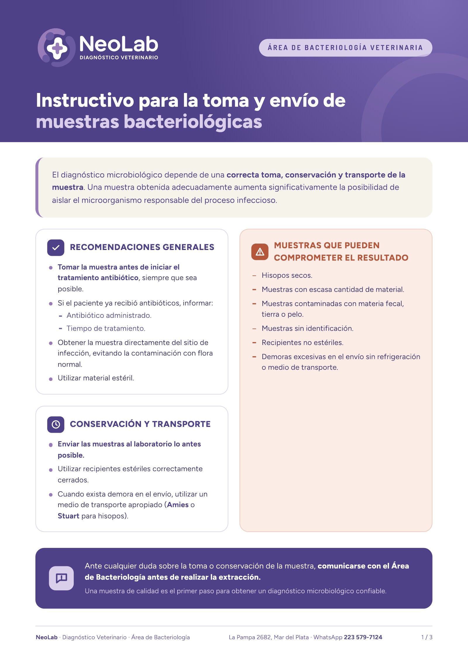 Instructivo de bacteriología, hoja 1 de 3: recomendaciones generales, muestras que pueden comprometer el resultado, y conservación y transporte.