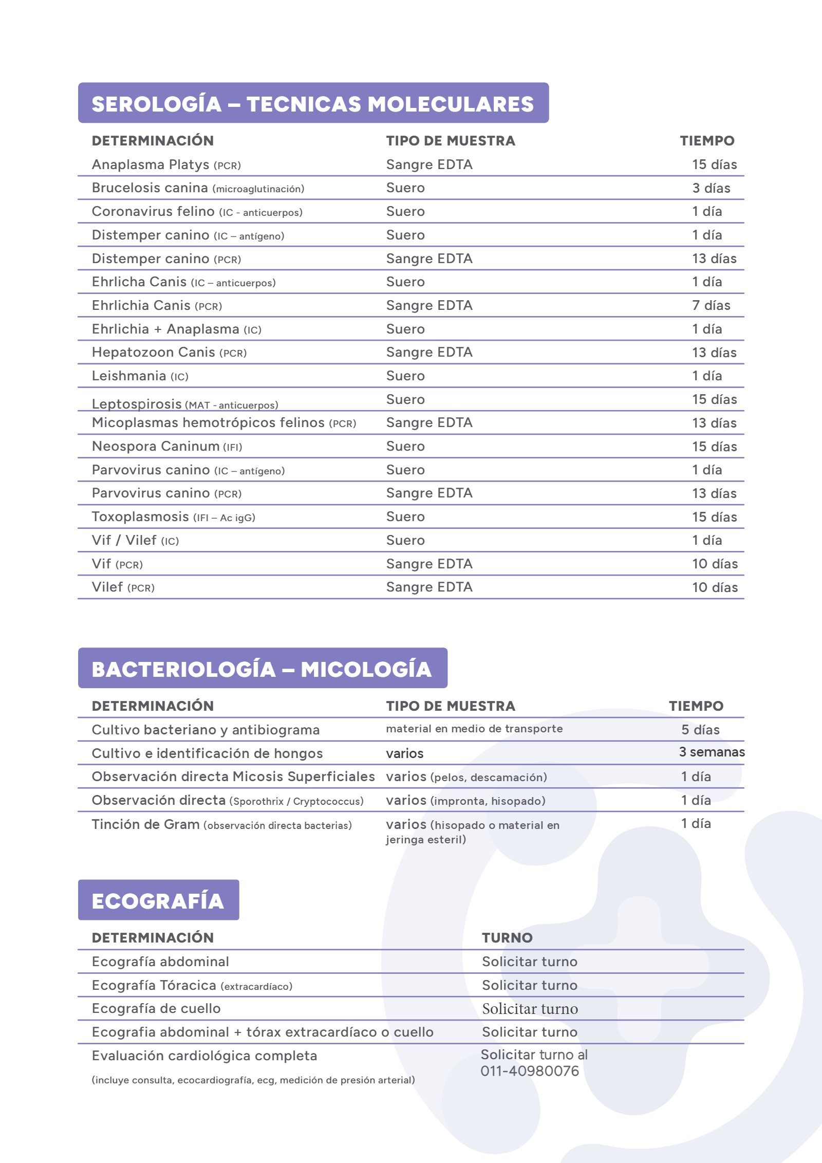 Determinaciones, hoja 3 de 3: serología y técnicas moleculares, bacteriología y micología, y ecografía.